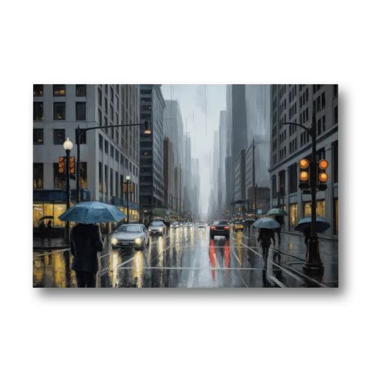 Chicago Rainy Streets in Monochrome - Canvas Wall Art - Front