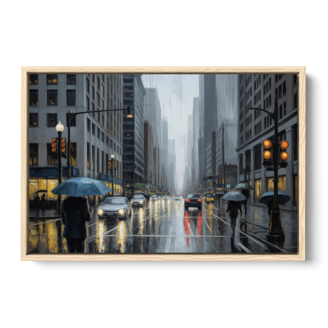 Chicago Rainy Streets in Monochrome - Oak Framed Canvas Wall Art - Front