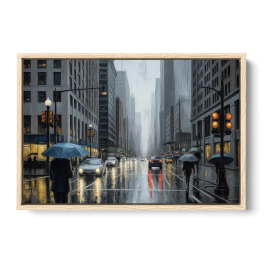 Chicago Rainy Streets in Monochrome - Oak Framed Canvas Wall Art - Front