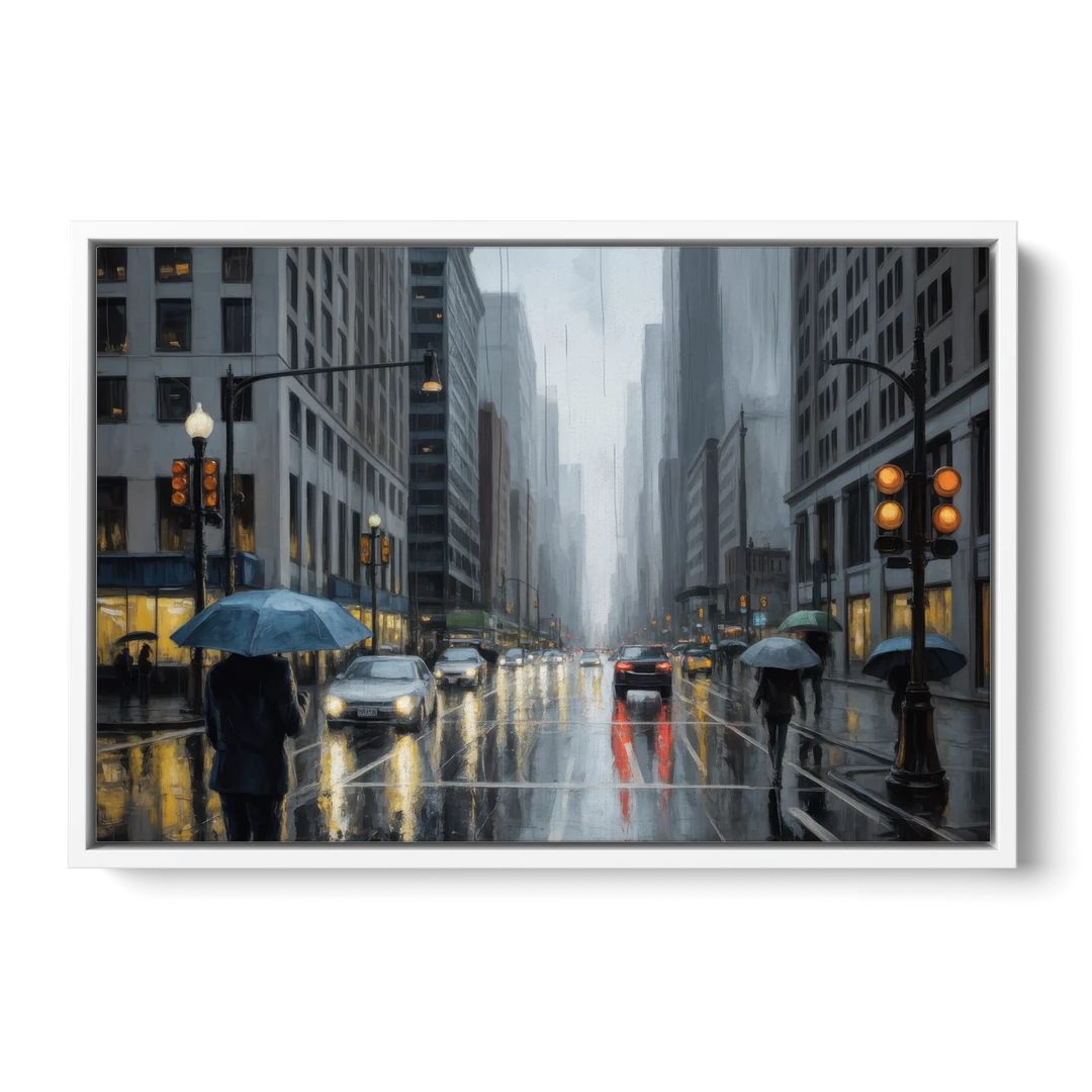 Chicago Rainy Streets in Monochrome - White Framed Canvas Wall Art - Front