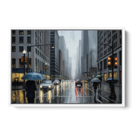 Chicago Rainy Streets in Monochrome - White Framed Canvas Wall Art - Front