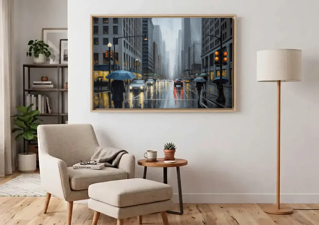 Chicago Rainy Streets in Monochrome canvas wall art above an armchair in a bright living room