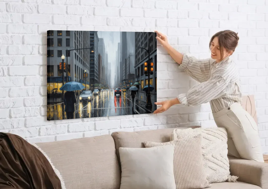 Chicago Rainy Streets in Monochrome canvas wall art being hung on a white brick wall above a sofa