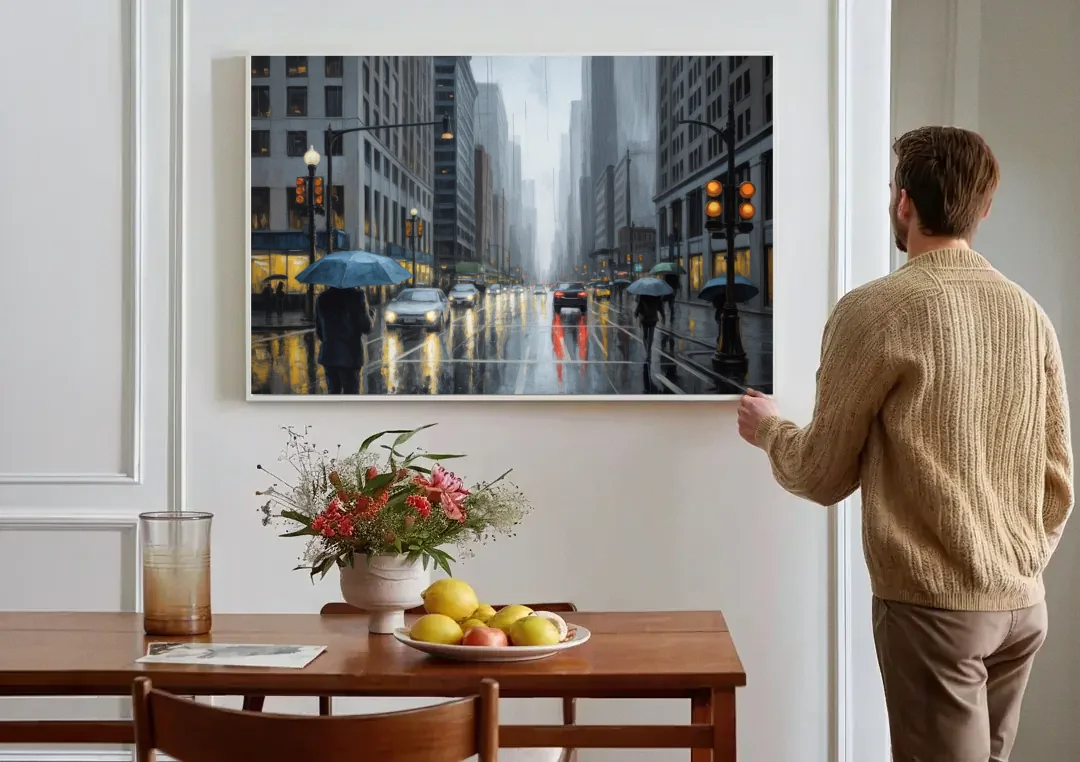 Chicago Rainy Streets in Monochrome canvas wall art above a dining table