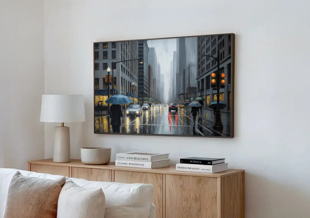 Chicago Rainy Streets in Monochrome canvas wall art above a wooden sideboard next to a sofa