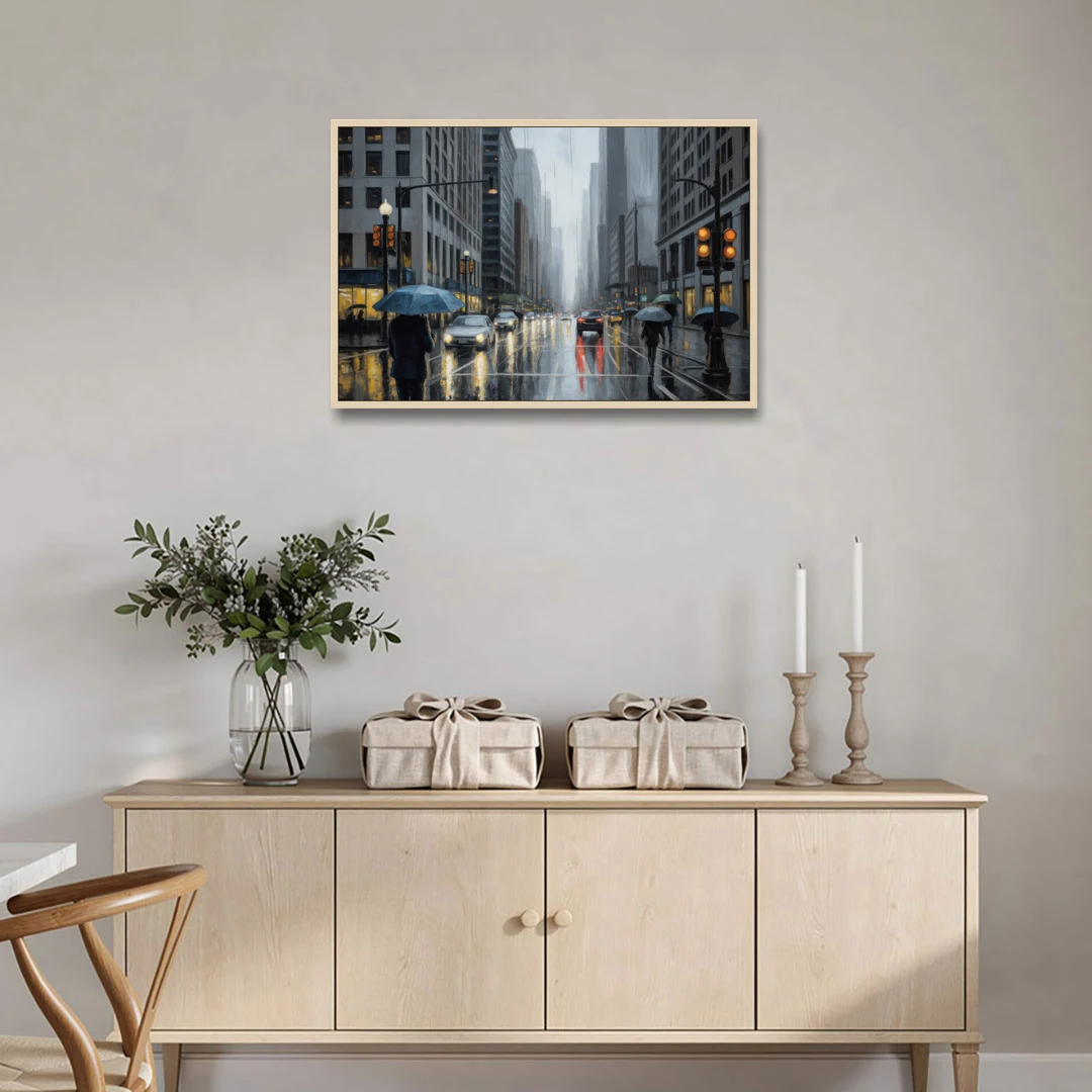 Chicago Rainy Streets in Monochrome - Oak Framed Canvas Wall Art - Coffee Table - 36x24