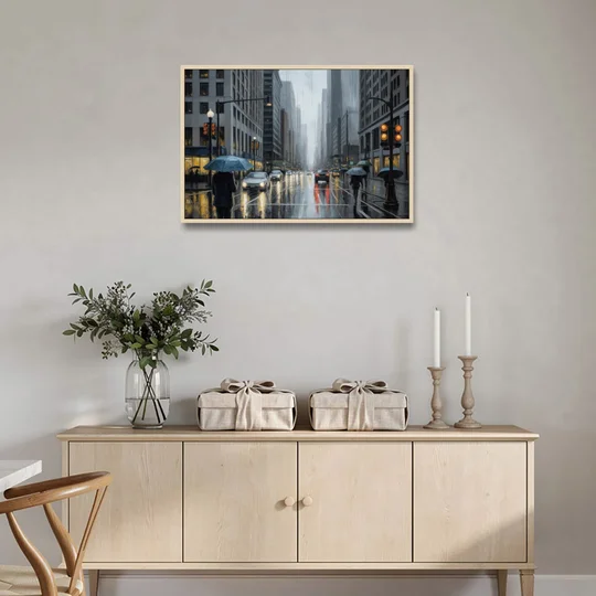 Chicago Rainy Streets in Monochrome - Oak Framed Canvas Wall Art - Coffee Table - 36x24
