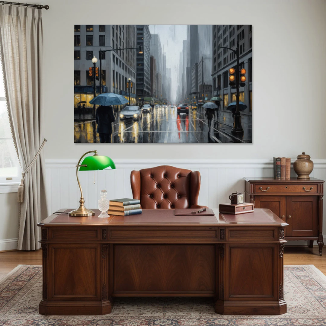 Chicago Rainy Streets in Monochrome - Canvas Wall Art - Office - 60x40