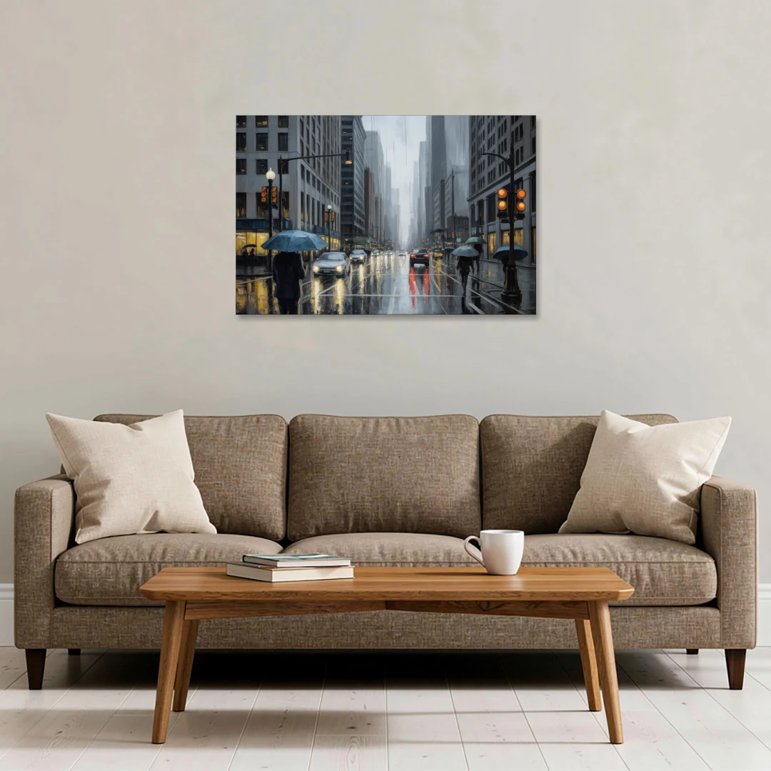 Chicago Rainy Streets in Monochrome - Canvas Wall Art - Sofa - 36x24