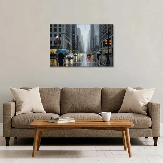 Chicago Rainy Streets in Monochrome - Canvas Wall Art - Sofa - 36x24