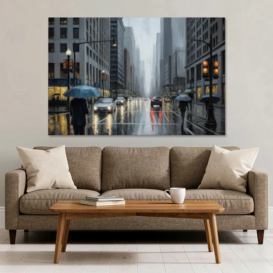 Chicago Rainy Streets in Monochrome - Canvas Wall Art - Sofa - 60x40