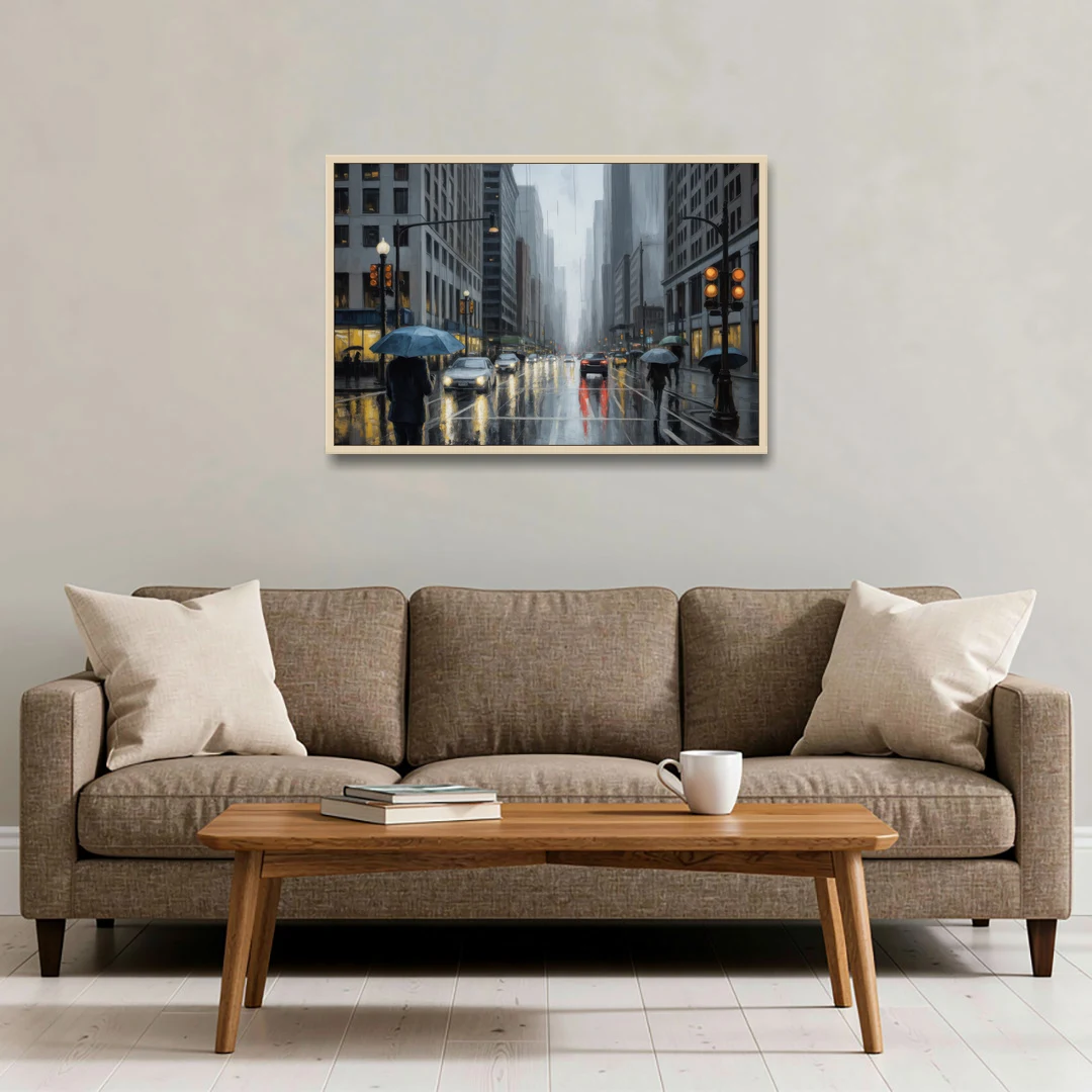Chicago Rainy Streets in Monochrome - Oak Framed Canvas Wall Art - Sofa - 36x24
