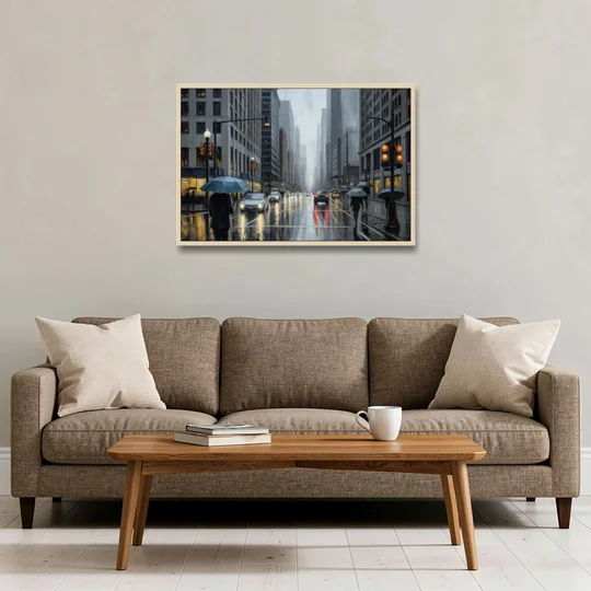 Chicago Rainy Streets in Monochrome - Oak Framed Canvas Wall Art - Sofa - 36x24