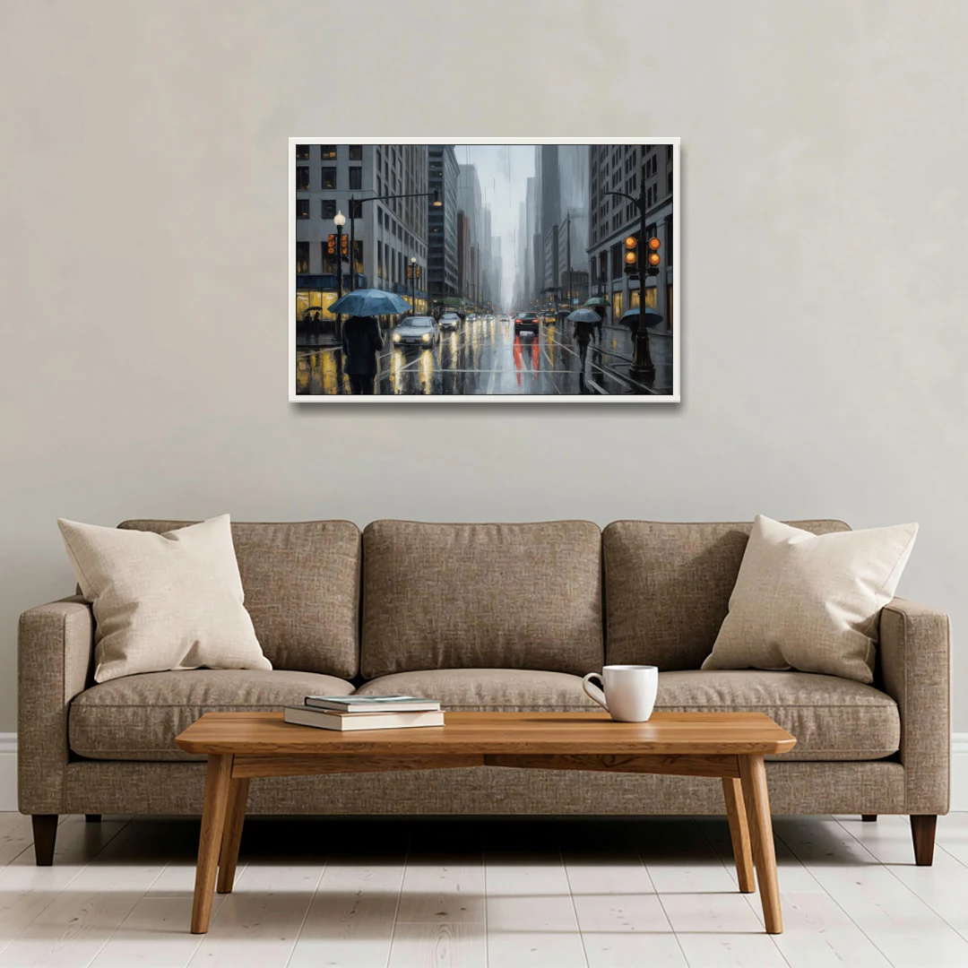 Chicago Rainy Streets in Monochrome - White Framed Canvas Wall Art - Sofa - 36x24
