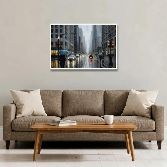 Chicago Rainy Streets in Monochrome - White Framed Canvas Wall Art - Sofa - 36x24