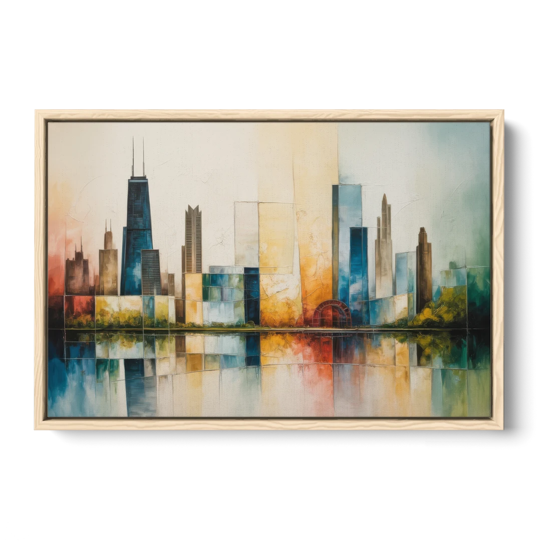 Chicago Retro Travel Poster - Oak Framed Canvas Wall Art - Front