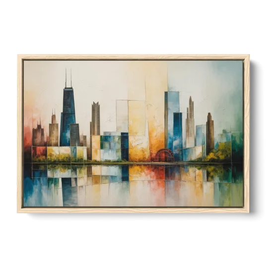 Chicago Retro Travel Poster - Oak Framed Canvas Wall Art - Front