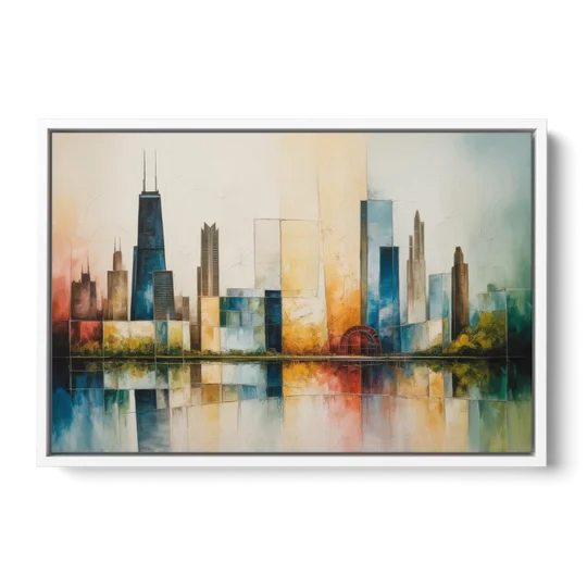 Chicago Retro Travel Poster - White Framed Canvas Wall Art - Front