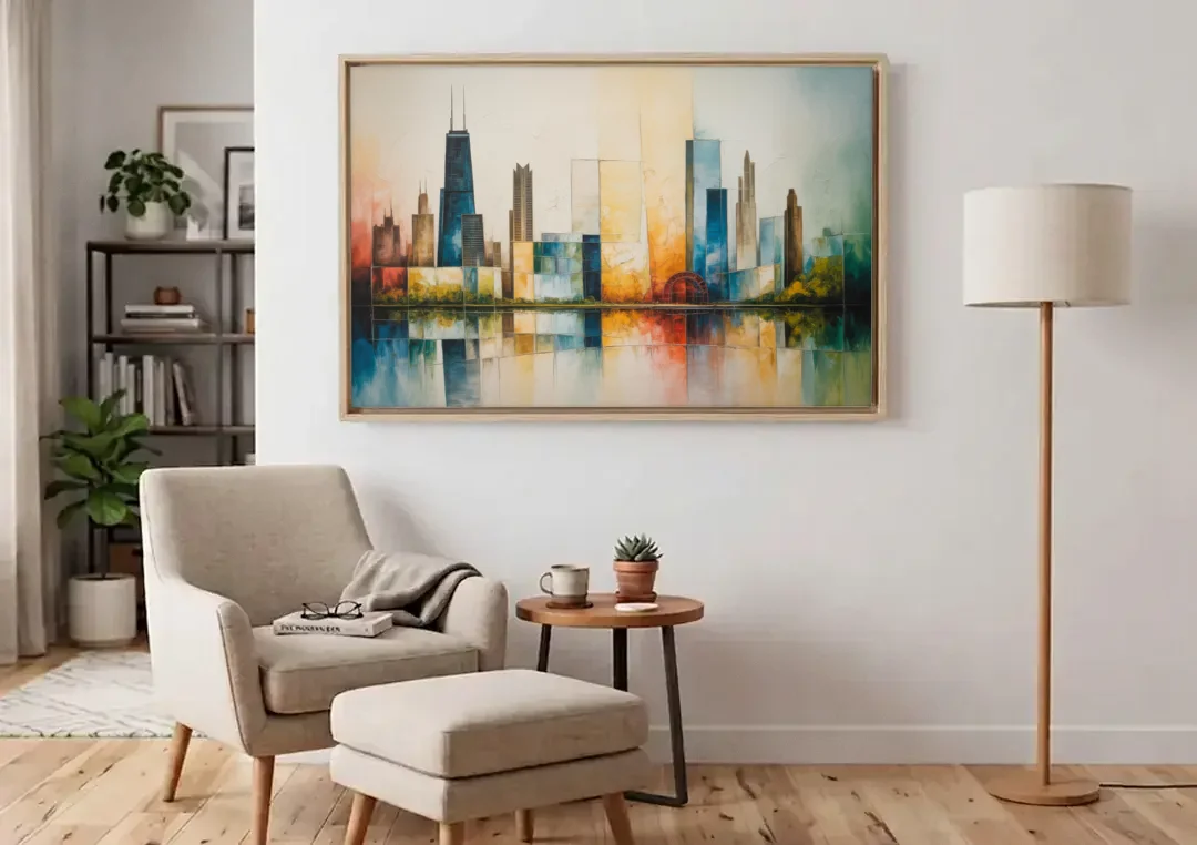 Chicago Retro Travel Poster canvas wall art above an armchair in a bright living room