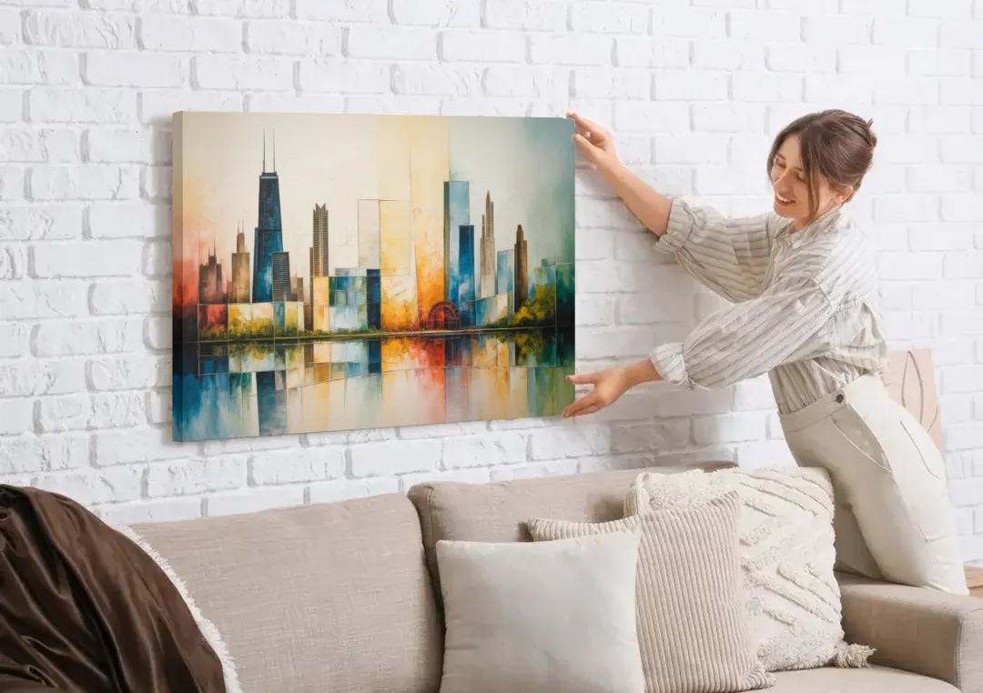Chicago Retro Travel Poster canvas wall art being hung on a white brick wall above a sofa