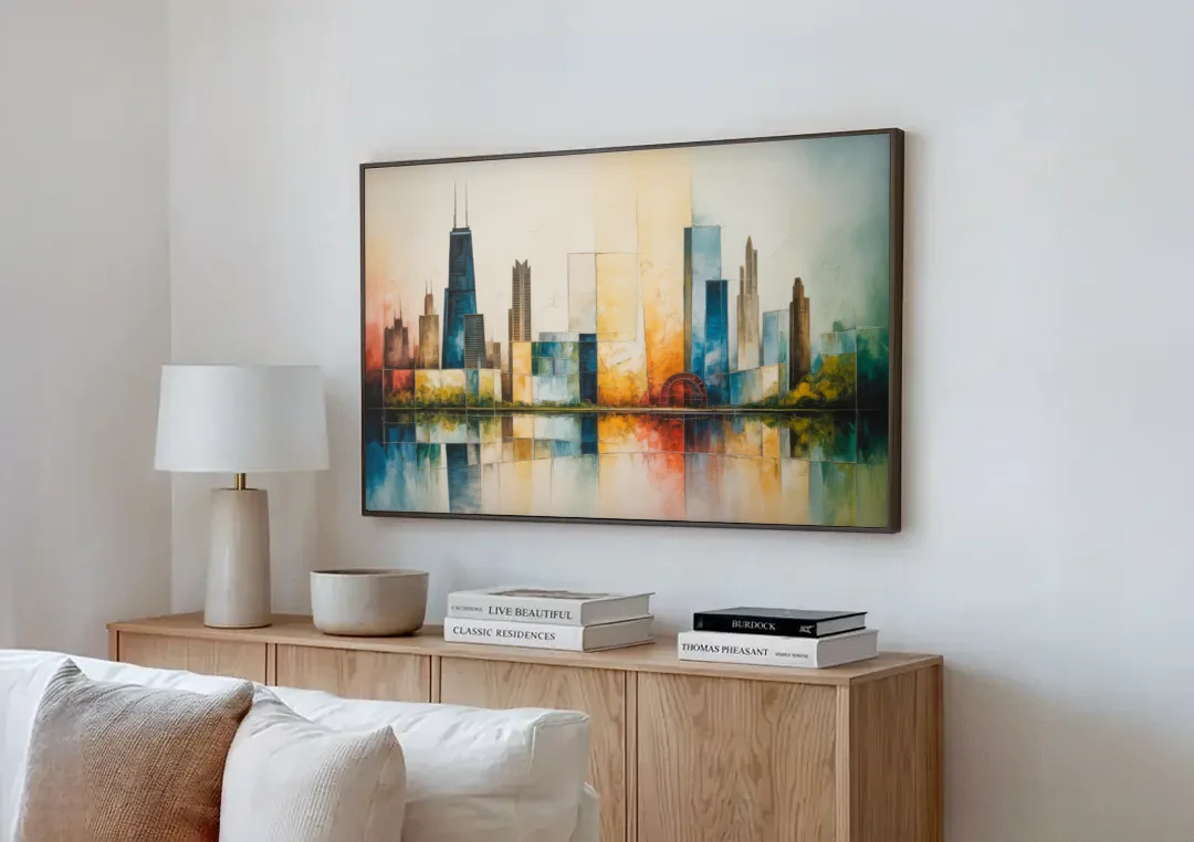 Chicago Retro Travel Poster canvas wall art above a wooden sideboard next to a sofa