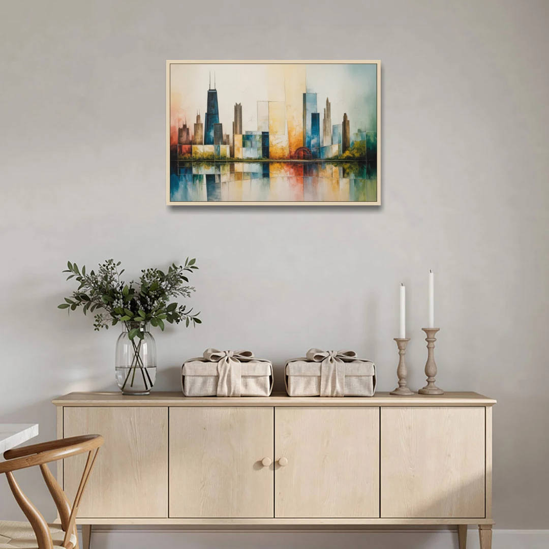 Chicago Retro Travel Poster - Oak Framed Canvas Wall Art - Coffee Table - 36x24