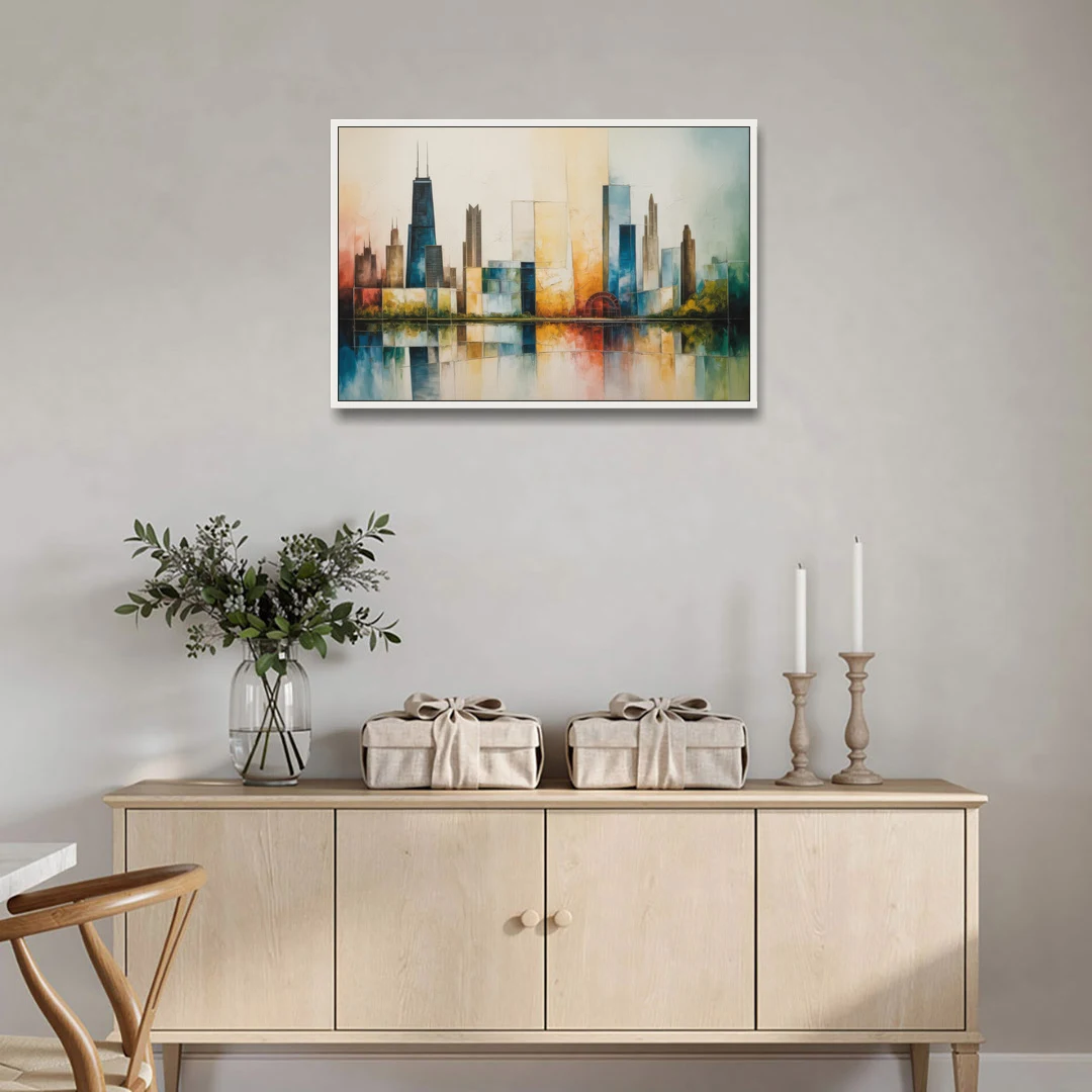 Chicago Retro Travel Poster - White Framed Canvas Wall Art - Coffee Table - 36x24
