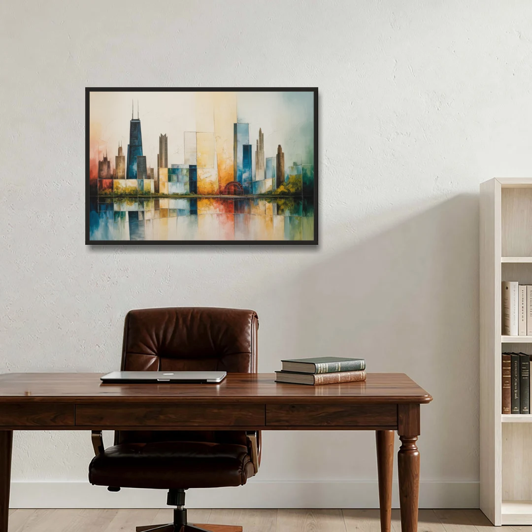 Chicago Retro Travel Poster - Black Framed Canvas Wall Art - Office - 36x24