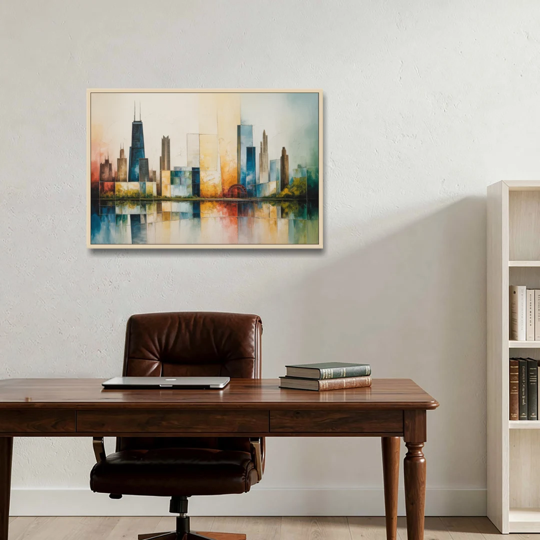 Chicago Retro Travel Poster - Oak Framed Canvas Wall Art - Office - 36x24