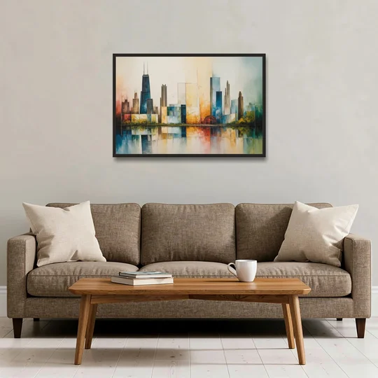 Chicago Retro Travel Poster - Black Framed Canvas Wall Art - Sofa - 36x24