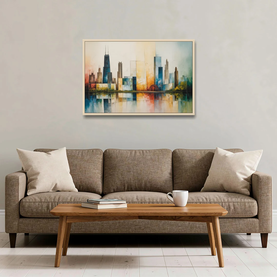 Chicago Retro Travel Poster - Oak Framed Canvas Wall Art - Sofa - 36x24