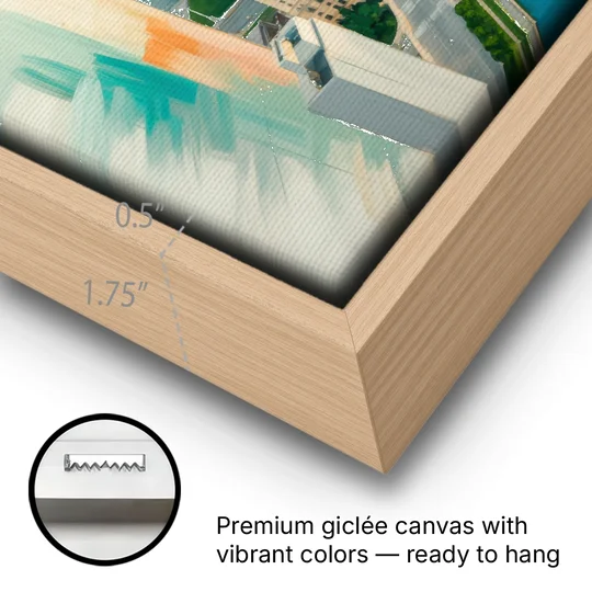 Chicago River Abstract Map - Oak Framed Canvas Wall Art - Gallery Wrap Corner