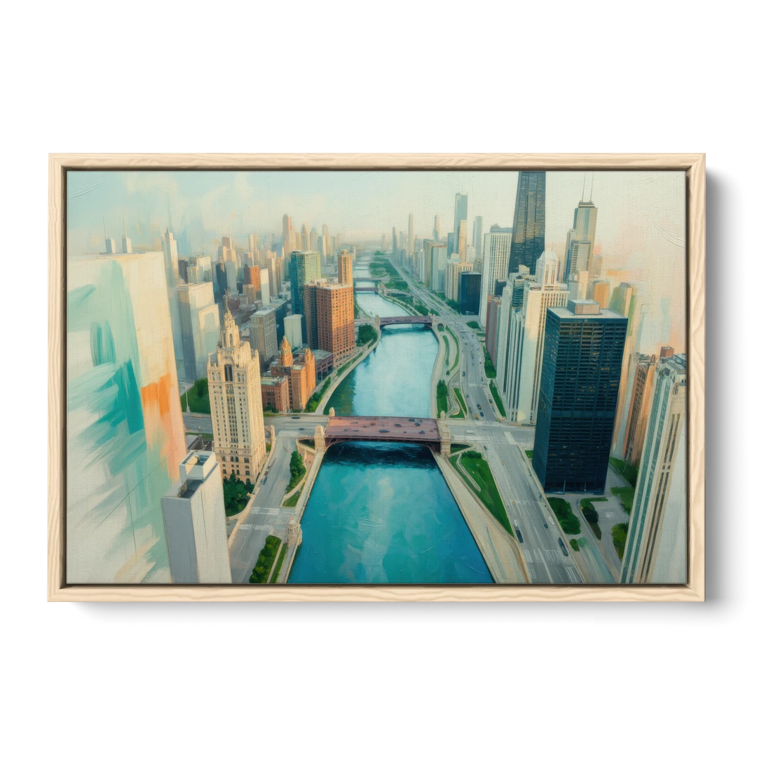 Chicago River Abstract Map - Oak Framed Canvas Wall Art - Front