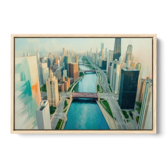 Chicago River Abstract Map - Oak Framed Canvas Wall Art - Front