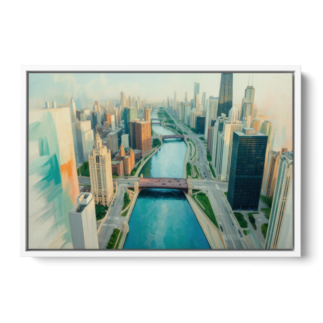 Chicago River Abstract Map - White Framed Canvas Wall Art - Front