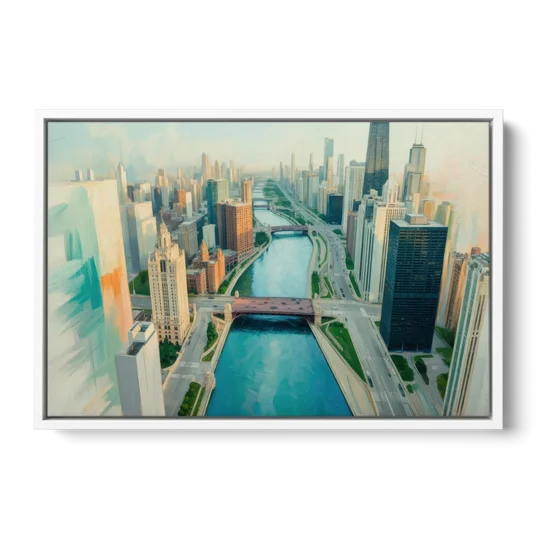 Chicago River Abstract Map - White Framed Canvas Wall Art - Front