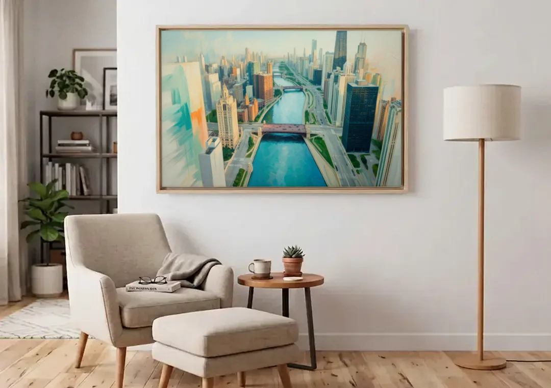Chicago River Abstract Map canvas wall art above an armchair in a bright living room