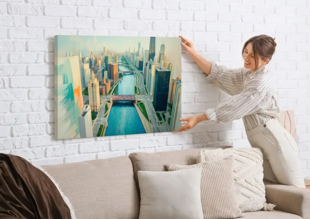 Chicago River Abstract Map canvas wall art being hung on a white brick wall above a sofa