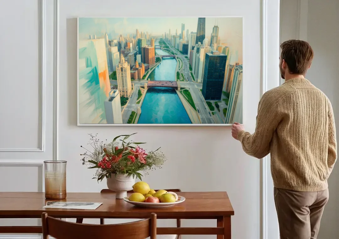 Chicago River Abstract Map canvas wall art above a dining table