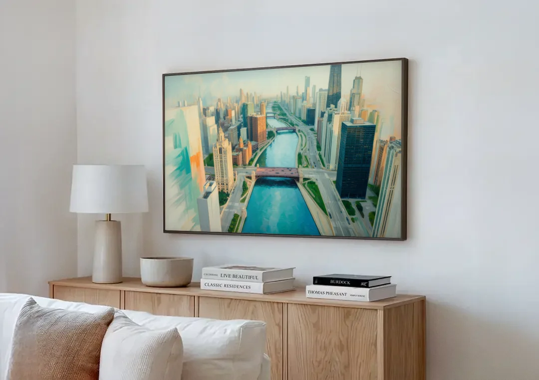 Chicago River Abstract Map canvas wall art above a wooden sideboard next to a sofa