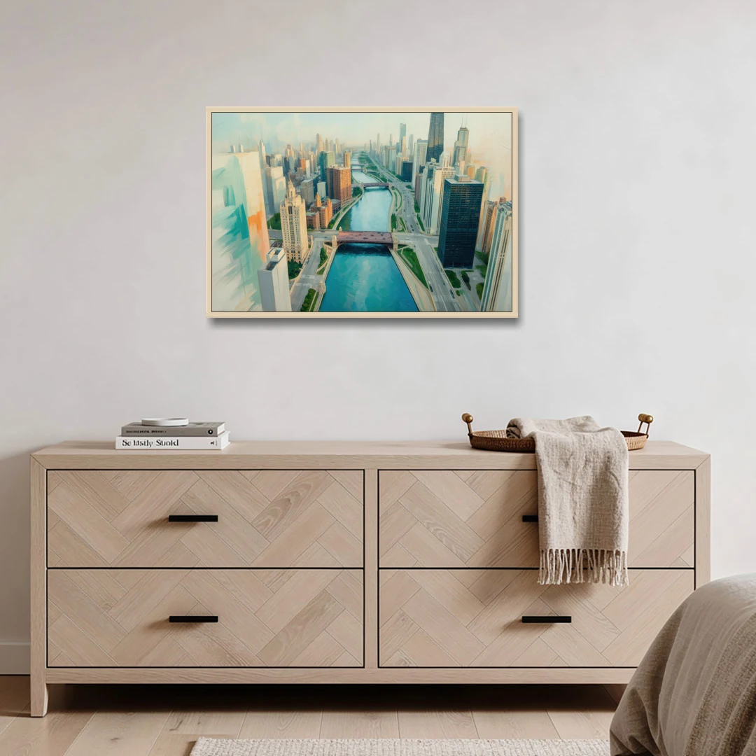 Chicago River Abstract Map - Oak Framed Canvas Wall Art - Coffee Table - 36x24