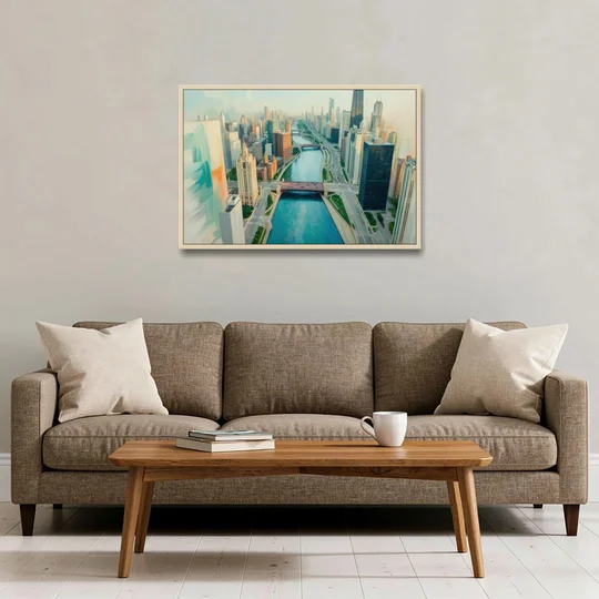 Chicago River Abstract Map - Oak Framed Canvas Wall Art - Sofa - 36x24