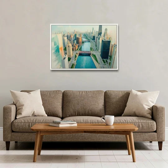 Chicago River Abstract Map - White Framed Canvas Wall Art - Sofa - 36x24