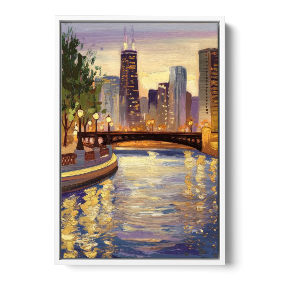 Chicago Riverwalk Charm - White Framed Canvas Wall Art - Front