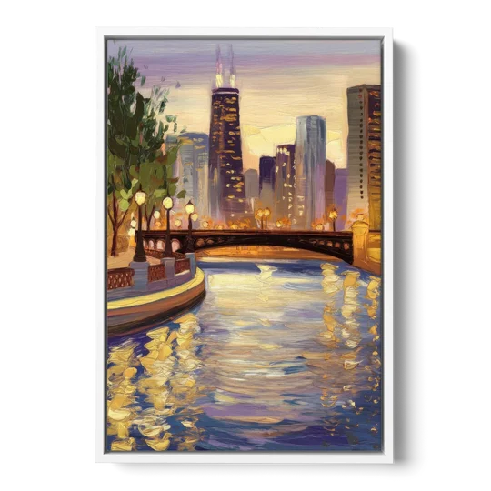 Chicago Riverwalk Charm - White Framed Canvas Wall Art - Front