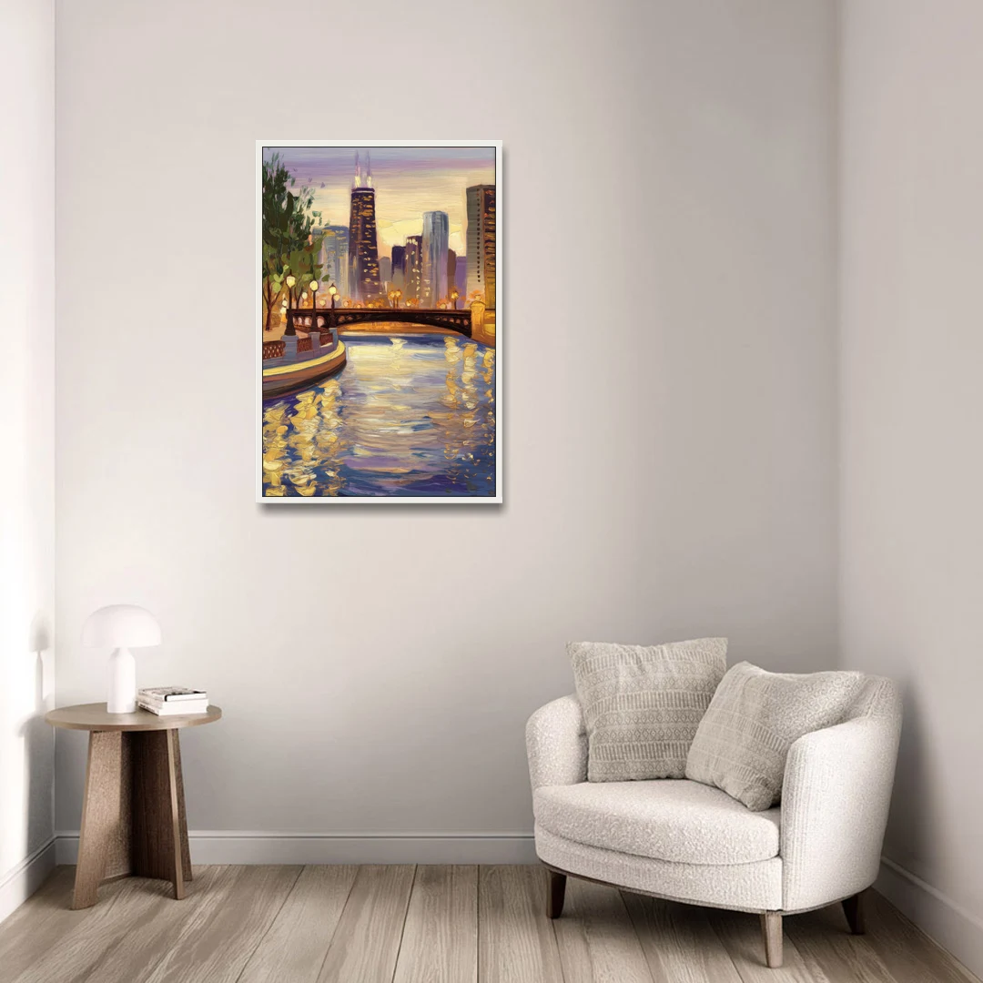 Chicago Riverwalk Charm - White Framed Canvas Wall Art - Sofa - 24x36