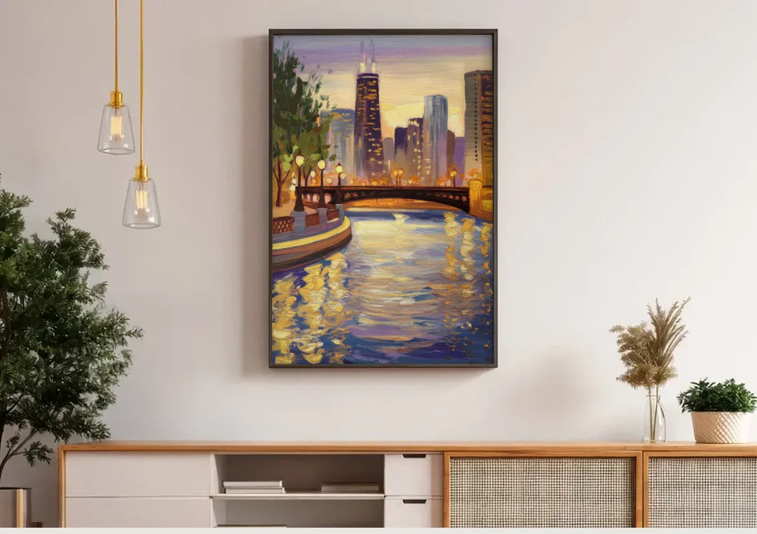 Chicago Riverwalk Charm canvas wall art above a wooden sideboard under pendant lights
