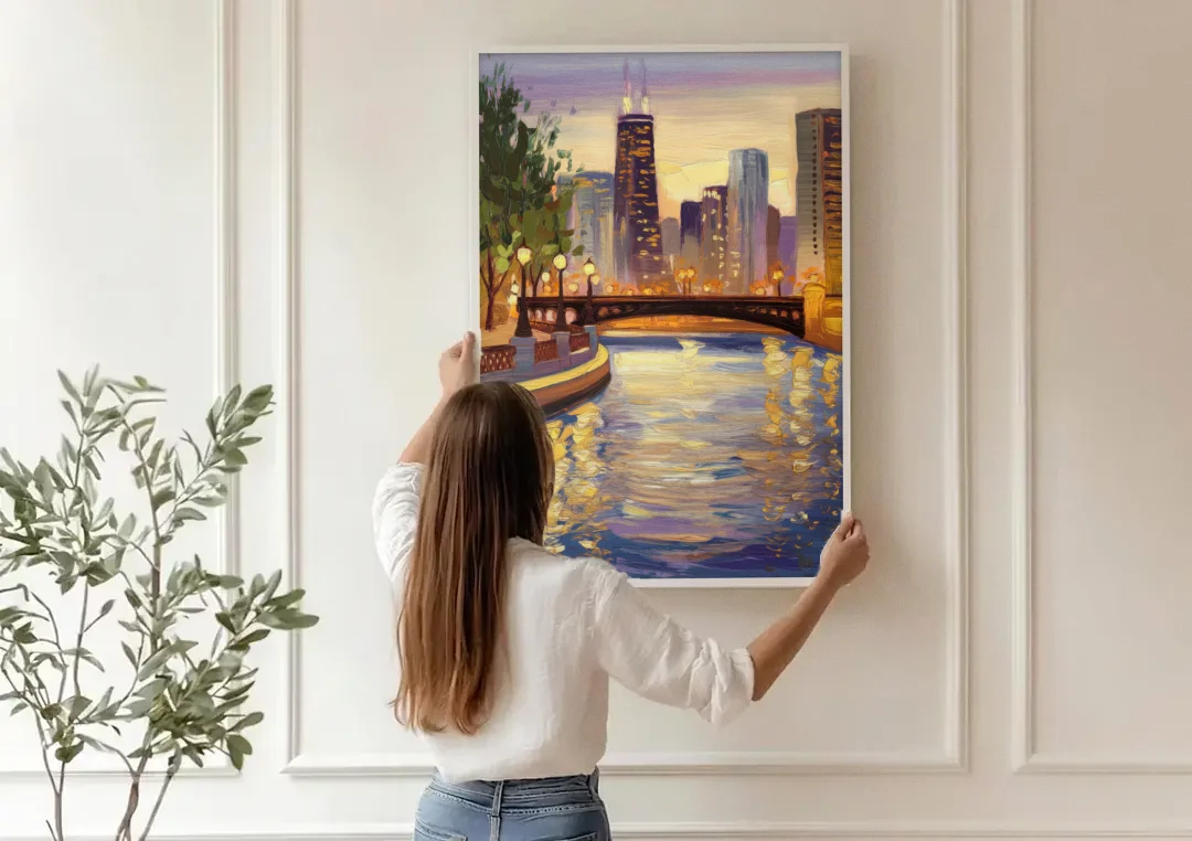 Chicago Riverwalk Charm canvas wall art being hung on a paneled wall