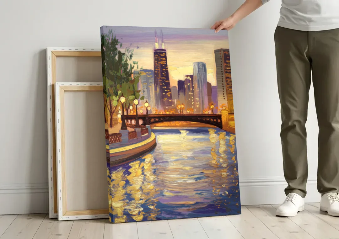 Chicago Riverwalk Charm canvas wall art leaning against a wall next to blank canvases