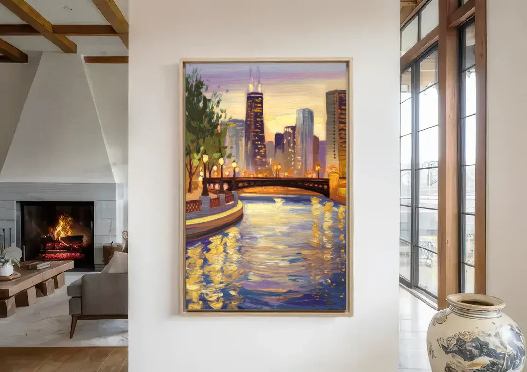 Chicago Riverwalk Charm canvas wall art in a living room with a fireplace
